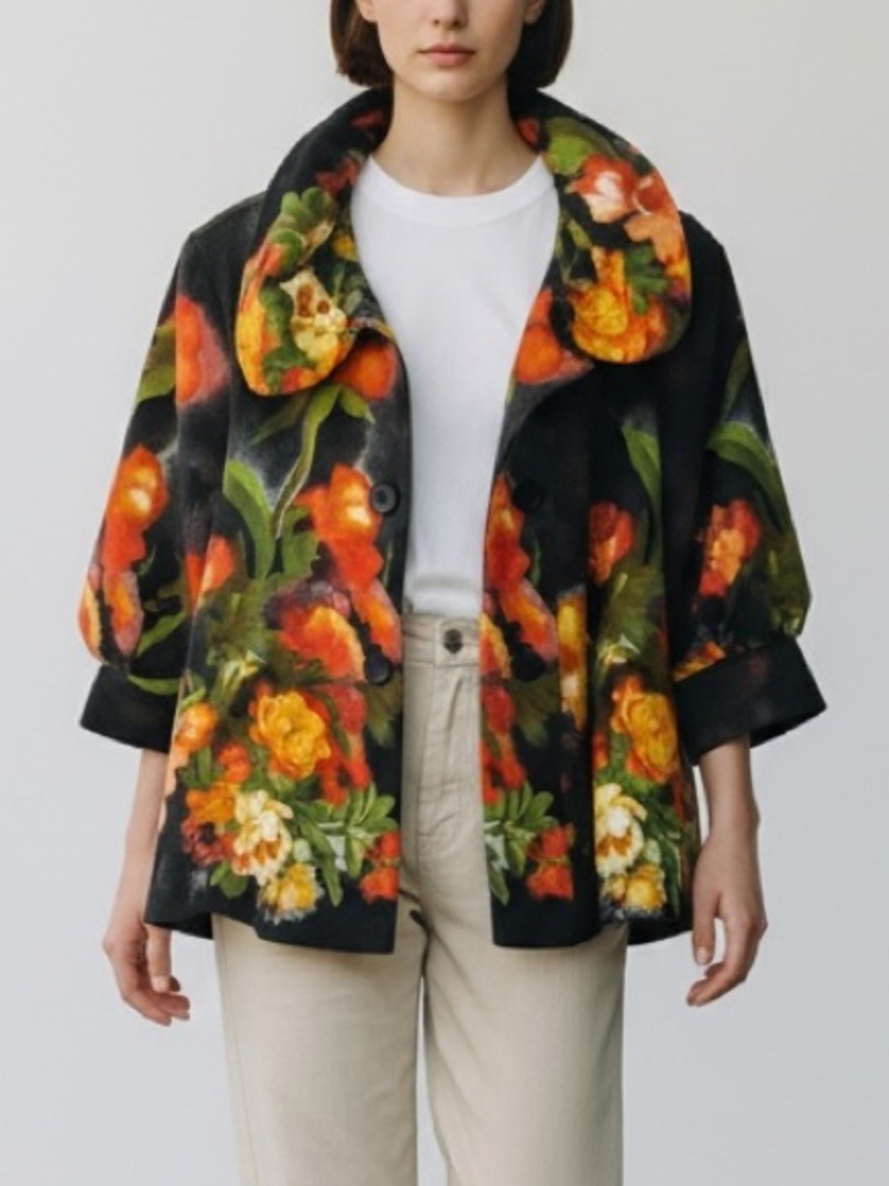 DAMEE Inc. Floral Pea Coat - Black, Orange, Green